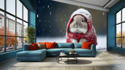 Little tiny bunny dressed up as Santa Claus on snowing Wall mural