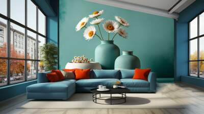 Minimal interion design with ceramic vase and dry flowers on turquoise wall. Wall mural