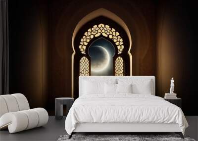 Moonlight shine through the window of an islamic mosque. Festive greeting card for Ramadan Kareem. Wall mural