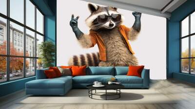 Portrait of a funny raccoon in sunglasses showing a gesture. Generative ai. Wall mural