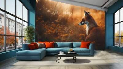 Red fox in dreamy autumn field in high grass. Wall mural