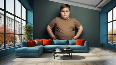 Sad overweight boy in tight clothes. Generative ai Wall mural