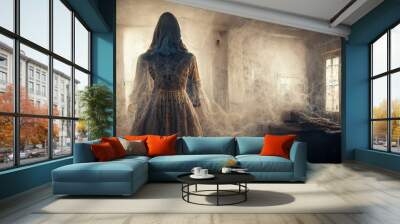 Scary ghost woman in haunted house. Digital art Wall mural