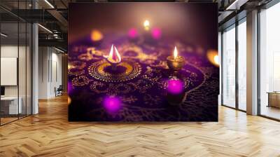 Shiny colorful floral background with illuminated 3D Oil Lamps (Diya) for Diwali celebration. Wall mural