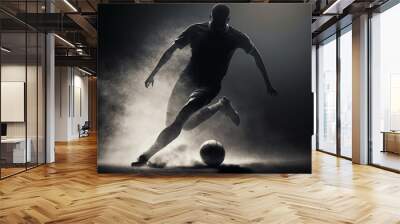 Silhouette of soccer player running after the ball. Wall mural