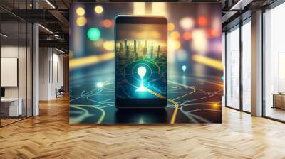 Smartphone with gps navigator icon and map on blur traffic road bokeh abstract background. Technology and transportation concept. Generative AI Wall mural