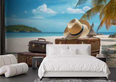 Suitcases with straw hat on the tropical sand beach with palms Wall mural