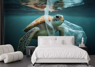 Turtle swims near a plastic bag. Plastic pollution in ocean, fighting for a clean ocean concept. Generative AI. Wall mural