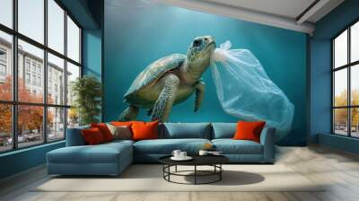 Turtle swims near a plastic bag. Plastic pollution in ocean, fighting for a clean ocean concept. Generative AI. Wall mural