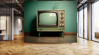 TV room. Vintage television on a painted wall background. Wall mural