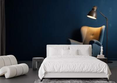 Vintage sofa and lamp on blue wall. Generative ai Wall mural