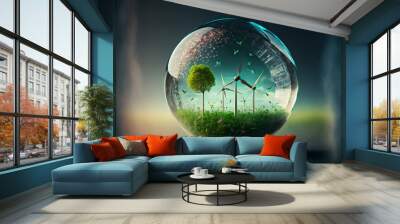 World environment and earth day concept with glass globe, windmills and eco friendly enviroment Wall mural