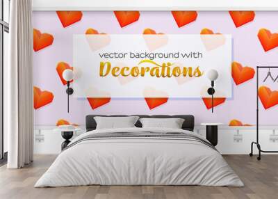 Billboard with pattern from flying hearts. Red hearts from folded paper, ornament for Valentine s day. Template for promotion, advertising, banners. Vector 3d illustration. Wall mural