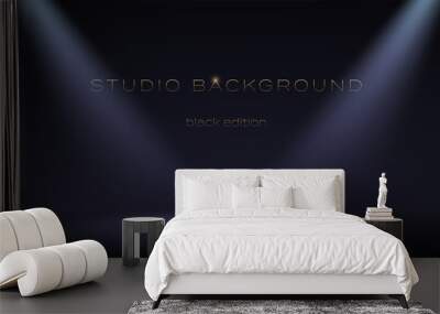 Black empty room illuminate two spotlights. Soft gradient. Dark studio can used for background and display brand or product. Black edition. Vector 3d illustration Wall mural