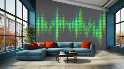 Multi colored halftone pattern from red, green, blue dots. Modern design rhythm of heart. Sound wave spectrum. Abstract dotted ornament isolated on black background Wall mural