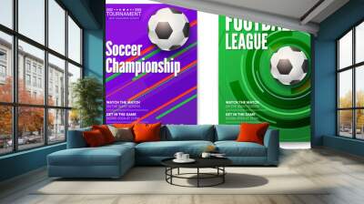 Posters of tournament football or soccer league. Ball on graphics background. Design of banner for sport events. Template of advertising for championship of soccer or football, 3D illustration. Wall mural