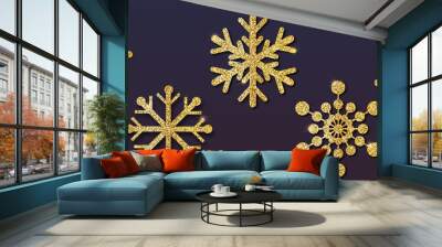 set of christmas snowflakes, different shapes. golden snowflakes with golden dust and glitter. isola Wall mural