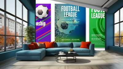 Set of tournament posters of football or soccer league. Design of banners for sport events. Template of advertising for world championship of soccer or football, 3D illustration. Wall mural