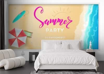 Summer party on seascape seashore with sandy beach. Advertising on Billboard. Vector poster of summer beach with waves of surf, sun umbrella, deck chair, surfboard. Cover, invitation on summer party. Wall mural