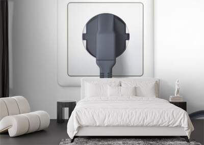 The black plug is plugged into the power lines. Plug inserted in a white wall socket. Icon of device for connecting electrical equipment. 3D illustration isolated on white background. Wall mural