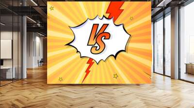 Versus logo on expressive background in comic book style. Letters VS with explosions bubbles and rays. Vintage pop art banner for challenge or contest. Vector poster for superhero, sports events Wall mural