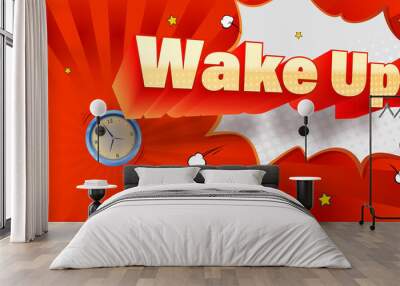 Wake up. Comic volumetric text on retro pop-art background. Vector bright dynamic cartoon 3d illustration on halftone background Wall mural