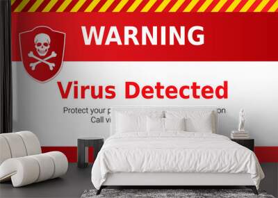 Warning of Malware attack, virus detected. Skull and crossed bones on red shield. Message requiring your attention, concept of interface cyber security. Vector illustration Wall mural