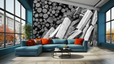 Black and white photo of the stacked logs Wall mural