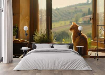 a cute orange cat sitting on a windowsill facing Tuscan countryside view Wall mural