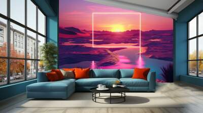 A futuristic neon gate in the beautiful oasis in desert at sunset Wall mural