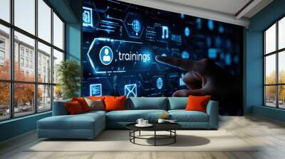 a hand pointing at a virtual screen showing training systems with icons and texts, background image Wall mural