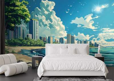 A landscape illustration of a prosperous beach city in summer, in the style of comics Wall mural