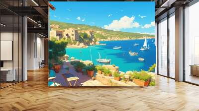 A landscape of Mediteranean sea coast with beautiful courtyard full of blossoms Wall mural