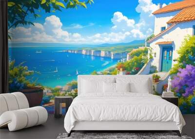 An illustration of landscape of mediterranean sea coast, a white house with a beautiful garden on the beach Wall mural