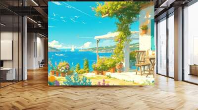 An illustration of landscape of mediterranean sea coast, a white house with a beautiful garden on the beach Wall mural