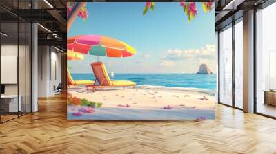 beautiful beach with colorful sunshades, 3d cartoon landscape Wall mural