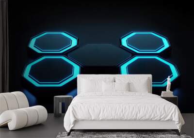 blue glowing geometric shape on black background, scientific and futuristic Wall mural