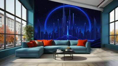 blue glowing silhouette of futuristic ciy skyline on dark background Wall mural