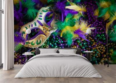 mardi gras mask, beads and feathers decor background Wall mural