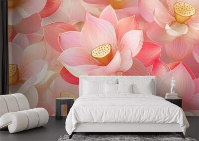 pink lotus floral background wallpaper, decorated with gold dots and lines Wall mural