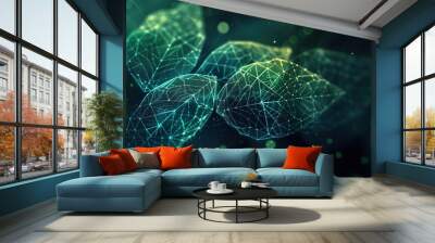 Transparent leaves on dark blue background, technological and futuristic Wall mural