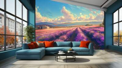 Vast lavender field at sunset with countryside view, romantic landscape illustration Wall mural