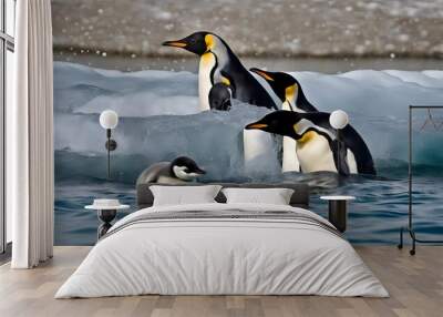 A view of a cute Emperor Penguin couple with a small offspring, penguins swimming underwater Wall mural