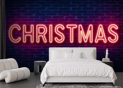 christmas word lettering glowing with neon light on dark brick wall background Wall mural