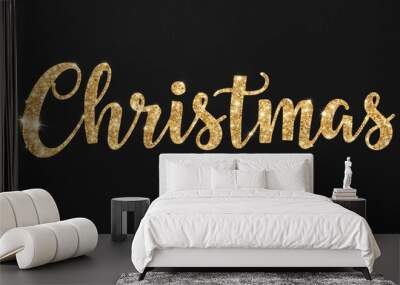 christmas word lettering with glitter gold shining effect on plain black background Wall mural