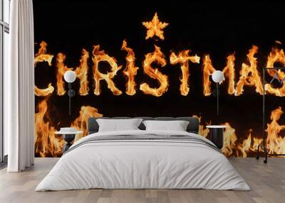 christmas word made of fire flame on black background Wall mural