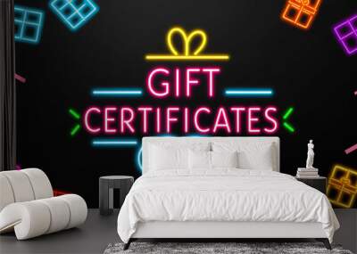 Gift certificates colorful neon lettering on plain black dark background Wall mural