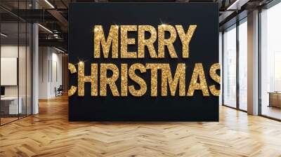 merry christmas word lettering with glitter gold shining effect on plain black background Wall mural