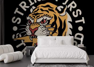 Traditional Tattoo Tiger with Lightning Illustration and Strike First Strike Hard Slogan Artwork for Apparel and Other Uses Wall mural