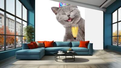 Happy cat in birthday hat holding glass of champagne and peeking from behind empty board. isolated on white background Wall mural